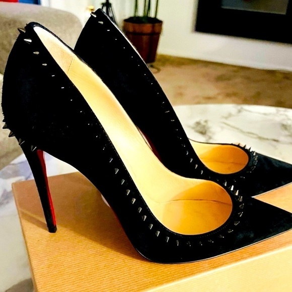 Christian Louboutin “Anjalina” spikes Veau Velour  black suede 85 mm pumps EU37 - Picture 4 of 7